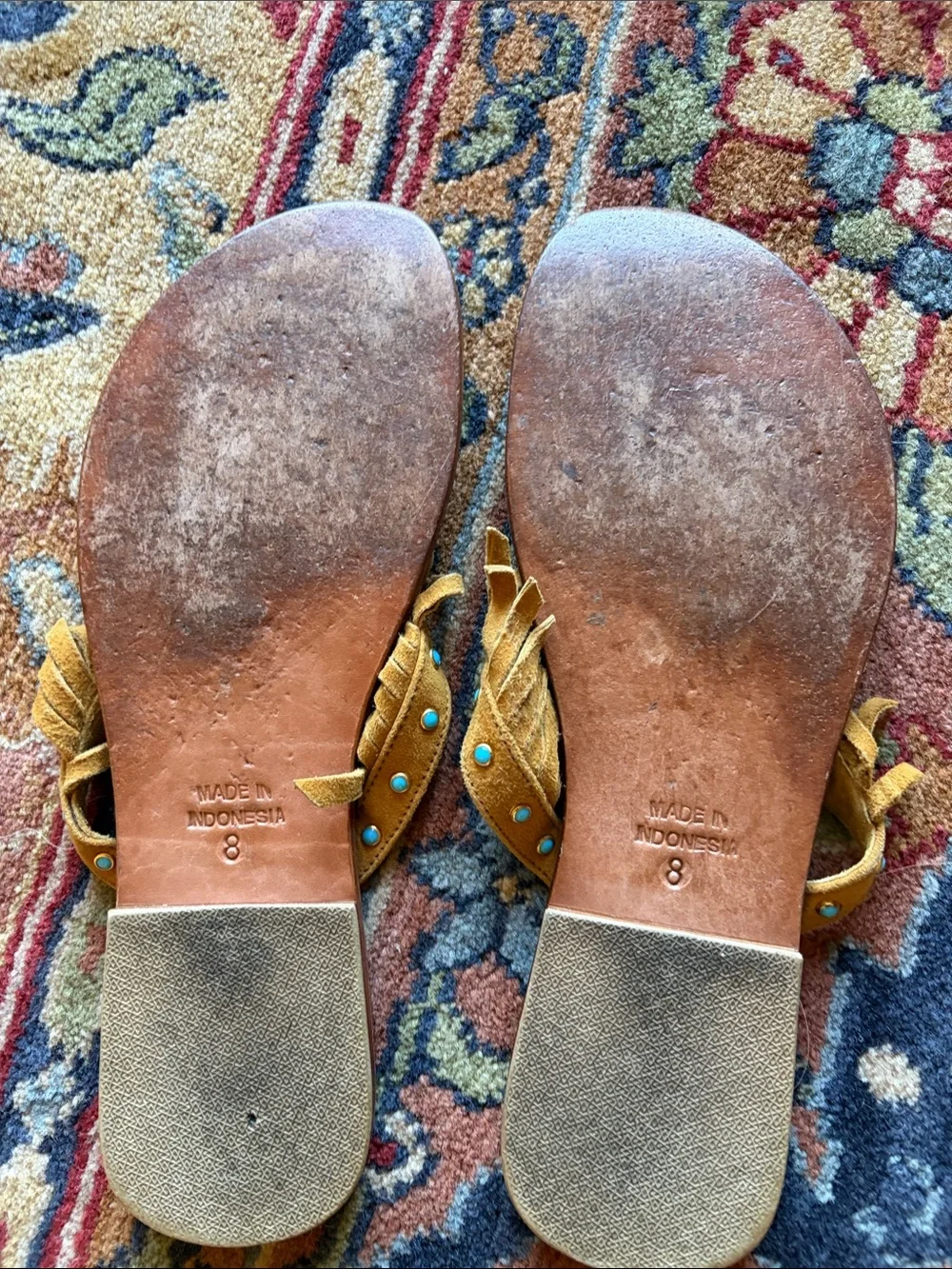 Mystique Boutique Tan Suede Fringe Sandals with Turquoise Studs